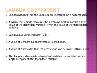 

Lambda assumes that the variables are measured on a nominal scale.



A symmetric lambda measures the % improvement in predicting the
value of the dependent variable, given the value of the independent
variable.



Lambda also varies between 0 & 1.



A value of 0 means no improvement in prediction.



A value of 1 indicates that the predication can be made without error.



This happens when each independent variable is associated with a
single category of the dependent variable.

 