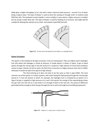 blade gives a higher throughput of air, but with a lower maximum back pressure – around 3 cm of water
being a typical value. This type of blower is used to drive the cooling air through small- to medium-sized
PEM fuel cells. The backward curved impeller is more suitable in cases where a higher pressure is needed,
but we accept a lower flow rate. This type of blower is used for feeding air to furnaces, and might well be
suitable for blowing the reactant air to small- and medium-sized PEM fuel cells
Ejector Circulators
The ejector is the simplest of all types of pumps. It has no moving parts. They are widely used in hydrogen
fuel cells where the hydrogen is stored at pressure. A simple ejector is shown in Figure. A gas or liquid
passes through the narrow pipe A into the venturi B. It acquires a high velocity at B and hence produces
suction in pipe C.Clearly, for this to work, the fluid from A must be at a higher pressure than that in C/B/D,
otherwise it would not eject from pipe A at high velocity.
The fluid entering at A does not have to be the same as that in pipe C/B/D. The most
common use of the ejector is in steam systems, with steam being the fluid passing through the narrow pipe
and jet A. In fuel cell systems in which, for example, the hydrogen fuel is circulated by an ejector as in
Figure the gas is supplied at high pressure at A, and in the ejector the energy of the expanding gas draws
the gas from the fuel cell at C and sends it on through D back to the fuel cell. The pressure difference
generated will be enough to drive the gas through the cell as well as through any humidifying equipment.
60
 