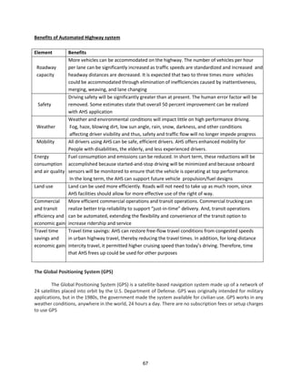 Benefits of Automated Highway system
Element Benefits
Roadway
capacity
More vehicles can be accommodated on the highway. The number of vehicles per hour
per lane can be significantly increased as traffic speeds are standardized and increased and
headway distances are decreased. It is expected that two to three times more vehicles
could be accommodated through elimination of inefficiencies caused by inattentiveness,
merging, weaving, and lane changing
Safety
Driving safety will be significantly greater than at present. The human error factor will be
removed. Some estimates state that overall 50 percent improvement can be realized
with AHS application
Weather
Weather and environmental conditions will impact little on high performance driving.
Fog, haze, blowing dirt, low sun angle, rain, snow, darkness, and other conditions
affecting driver visibility and thus, safety and traffic flow will no longer impede progress
Mobility All drivers using AHS can be safe, efficient drivers. AHS offers enhanced mobility for
People with disabilities, the elderly, and less experienced drivers.
Energy
consumption
and air quality
Fuel consumption and emissions can be reduced. In short term, these reductions will be
accomplished because started-and-stop driving will be minimized and because onboard
sensors will be monitored to ensure that the vehicle is operating at top performance.
In the long term, the AHS can support future vehicle propulsion/fuel designs
Land use Land can be used more efficiently. Roads will not need to take up as much room, since
AHS facilities should allow for more effective use of the right of way.
Commercial
and transit
efficiency and
economic gains
More efficient commercial operations and transit operations. Commercial trucking can
realize better trip relia ilit to suppo t just-in-ti e deli e . A d, t a sit ope atio s
can be automated, extending the flexibility and convenience of the transit option to
increase ridership and service
Travel time
savings and
economic gains
Travel time savings: AHS can restore free-flow travel conditions from congested speeds
in urban highway travel, thereby reducing the travel times. In addition, for long-distance
i te it t a el, it pe itted highe uisi g speed tha toda s d i i g. The efo e, ti e
that AHS frees up could be used for other purposes
The Global Positioning System (GPS)
The Global Positioning System (GPS) is a satellite-based navigation system made up of a network of
24 satellites placed into orbit by the U.S. Department of Defense. GPS was originally intended for military
applications, but in the 1980s, the government made the system available for civilian use. GPS works in any
weather conditions, anywhere in the world, 24 hours a day. There are no subscription fees or setup charges
to use GPS
67
 