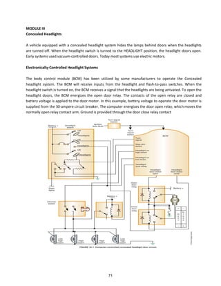 MODULE III
Concealed Headlights
A vehicle equipped with a concealed headlight system hides the lamps behind doors when the headlights
are turned off. When the headlight switch is turned to the HEADLIGHT position, the headlight doors open.
Early systems used vacuum-controlled doors. Today most systems use electric motors.
Electronically-Controlled Headlight Systems
The body control module (BCM) has been utilized by some manufacturers to operate the Concealed
headlight system. The BCM will receive inputs from the headlight and flash-to-pass switches. When the
headlight switch is turned on, the BCM receives a signal that the headlights are being activated. To open the
headlight doors, the BCM energizes the open door relay. The contacts of the open relay are closed and
battery voltage is applied to the door motor. In this example, battery voltage to operate the door motor is
supplied from the 30-ampere circuit breaker. The computer energizes the door open relay, which moves the
normally open relay contact arm. Ground is provided through the door close relay contact
71
 