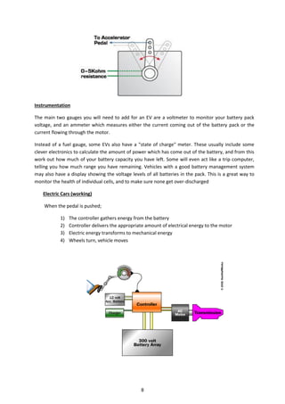 Instrumentation
The main two gauges you will need to add for an EV are a voltmeter to monitor your battery pack
voltage, and an ammeter which measures either the current coming out of the battery pack or the
current flowing through the motor.
Instead of a fuel gauge, some EVs also have a "state of charge" meter. These usually include some
clever electronics to calculate the amount of power which has come out of the battery, and from this
work out how much of your battery capacity you have left. Some will even act like a trip computer,
telling you how much range you have remaining. Vehicles with a good battery management system
may also have a display showing the voltage levels of all batteries in the pack. This is a great way to
monitor the health of individual cells, and to make sure none get over-discharged
Electric Cars (working)
When the pedal is pushed;
1) The controller gathers energy from the battery
2) Controller delivers the appropriate amount of electrical energy to the motor
3) Electric energy transforms to mechanical energy
4) Wheels turn, vehicle moves
8
 