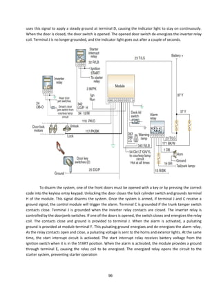 uses this signal to apply a steady ground at terminal D, causing the indicator light to stay on continuously.
When the door is closed, the door switch is opened. The opened door switch de-energizes the inverter relay
coil. Terminal J is no longer grounded, and the indicator light goes out after a couple of seconds.
To disarm the system, one of the front doors must be opened with a key or by pressing the correct
code into the keyless entry keypad. Unlocking the door closes the lock cylinder switch and grounds terminal
H of the module. This signal disarms the system. Once the system is armed, if terminal J and C receive a
ground signal, the control module will trigger the alarm. Terminal C is grounded if the trunk tamper switch
contacts close. Terminal J is grounded when the inverter relay contacts are closed. The inverter relay is
controlled by the doorjamb switches. If one of the doors is opened, the switch closes and energizes the relay
coil. The contacts close and ground is provided to terminal J. When the alarm is activated, a pulsating
ground is provided at module terminal F. This pulsating ground energizes and de-energizes the alarm relay.
As the relay contacts open and close, a pulsating voltage is sent to the horns and exterior lights. At the same
time, the start interrupt circuit is activated. The start interrupt relay receives battery voltage from the
ignition switch when it is in the START position. When the alarm is activated, the module provides a ground
through terminal E, causing the relay coil to be energized. The energized relay opens the circuit to the
starter system, preventing starter operation
96
 