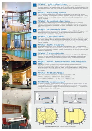 NEWMAT : Le plafond révolutionnaire.

FR

01

Le plafond tendu PVC permet de réaliser des plafonds plats ou en déformation.
NEWMAT, le plafond qui allie esthétique, facilité de mouvement et haute qualité est né d’un
concept fort qui laisse vivre votre créativité, concept d’ailleurs déjà adopté dans plus de 54
pays.

NEWMAT : A revolutionary technique.

UK

The PVC stretch ceiling system can create curves, angles, domes, and other various
shapes. NEWMAT... a ceiling which combines aesthetics, design, and quality from a strong
concept which allows you to express your creativity... a concept already utilized in more
than 54 countries.

NEWMAT : Die revolutionäre Spanndecke.

D

Die Spanndecke NEWMAT ermöglicht flache oder gewölbte Decken zu realisieren.
NEWMAT verbindet Asthetik, Bewegung und höchste Qualität und wurde entwickeit, um
die Gestaltungsfreiheit zu ermöglichen. NEWMAT wird bereits in mehr als 54 Ländern mit
Erfolg verwendet.

NEWMAT : Het revolutionaire plafond.

NL

Het PVC spanplafond laat toe om vlakke plafonds te realiseren. NEWMAT, het plafond dat
esthetisch mooi oogt, maakt deel uit van een concept dat creativiteit doet leven. Dit
concept wordt al in méér dan 54 landen gebruikt.

NEWMAT : El techo revolucionario.

ES

El techo tendido PVC permite realizar techos planos o en deformación. NEWMAT, el techo
que asocia estética, facilidad de movimiento y alta calidad nació de un1 concepto fuerte
que da rienda suelta a su creatividad, concepto que por otra parte ya ha sido adoptado en
más de 54 paises.

NEWMAT : Il soffitto rivoluzionario.

I

Il rivestimento tappezzato in PVC permette di realizzare soffitti piatti o in deformazione.
NEWMAT - il soffitto che armonizza estetica, facilità di movimenti e alta qualità - è nato da
un concetto rivoluzionario che lascia vivere la vostra creatività, un concetto d’altronde, già
adottato in oltre 54 paesi.

NEWMAT : O tecto revolucionário.

P

O tecto estendido em PVC permite realizar tectos planos ou em deformacão. NEWMAT, o
tecto que conjuga estética, facilidade de movimento e alta qualidade surgiu de um alto
conceito que deixa viver a sua criatividade, conceito aliás já adoptado em mais de 54
paises.

NEWMAT : потолок - воплощение самых смелых творческих
идей.

RUS

Натяжной потолок из ПВХ можно установить в помещении любой формы.
NEWMAT потолок, объединяющий в себе эстетику, оригинальное использование
игры света и многие другие качества, может воплотить в себе даже самые смелые
творческие идеи и замыслы, благодаря чему он уже получил признание более, чем в
54 странах.

NEWMAT :

CH

NEWMAT: Μια επαναστατική τεχνική

GR

Το σύστημα ελαστικών οροφών μπορεί να δημιουργήσει καμπύλες, γωνίες, θόλους και άλλα
ποικίλα σχέδια. NEWMAT ….μια οροφή που συνδυάζει αισθητική, design και ποιότητα από
μια δυνατή φιλοσοφία που επιτρέπει την έκφραση της δημιουργικότητας ….. μια φιλοσοφία
ήδη αξιοποιήσιμη σε πάνω από 54 χώρες.

Spot light

NEWMAT

Rondelle
Reinforcement ring
NEWMAT

NEWMAT

B

E

C

A

F

D

B

H

E

C

A

G

F

D

G
H
I

I
J

J

K

K

L
U

M

RQ

T

S P

O

N

L
U

M

RQ

T

S P

LOGICIEL NEWMAT 2.33 / NEWMAT SOFTWARE 2.33

O

N

 