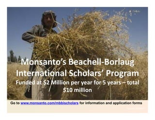Monsanto’s Beachell‐Borlaug 
   International Scholars’ Program
  Funded at $2 Million per year for 5 years – total 
  Funded at $2 Million per year for 5 years – total
                    $10 million
Go to www.monsanto.com/mbbischolars for information and application forms
                                                                Source: CIMMYT
 