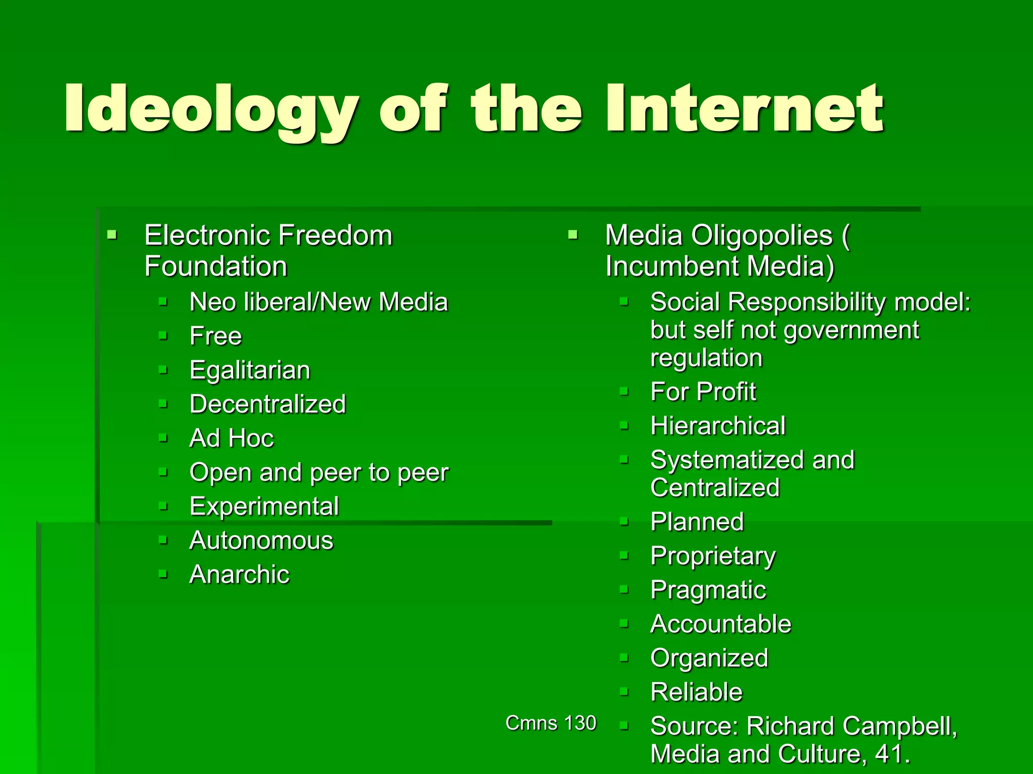 Cmns 130
Ideology of the Internet
 Electronic Freedom
Foundation
 Neo liberal/New Media
 Free
 Egalitarian
 Decentralized
 Ad Hoc
 Open and peer to peer
 Experimental
 Autonomous
 Anarchic
 Media Oligopolies (
Incumbent Media)
 Social Responsibility model:
but self not government
regulation
 For Profit
 Hierarchical
 Systematized and
Centralized
 Planned
 Proprietary
 Pragmatic
 Accountable
 Organized
 Reliable
 Source: Richard Campbell,
Media and Culture, 41.
 