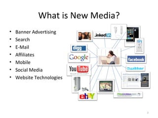 What is New Media? Banner Advertising Search E-Mail Affiliates Mobile Social Media Website Technologies 