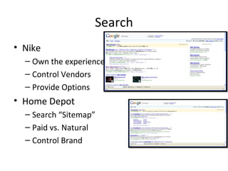 Search Nike Own the experience Control Vendors Provide Options Home Depot Search “Sitemap” Paid vs. Natural Control Brand 