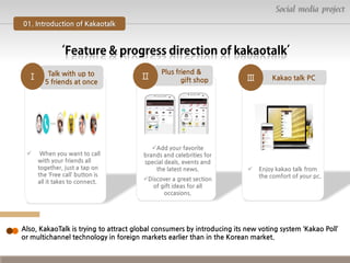 Social media project
01. Introduction of Kakaotalk

Ⅰ



Talk with up to
5 friends at once

When you want to call
with your friends all
together, just a tap on
the ‘Free call’ button is
all it takes to connect.

Ⅱ

Plus friend &
gift shop

Add your favorite
brands and celebrities for
special deals, events and
the latest news.
Discover a great section
of gift ideas for all
occasions.

Ⅲ



Kakao talk PC

Enjoy kakao talk from
the comfort of your pc.

Also, KakaoTalk is trying to attract global consumers by introducing its new voting system ‘Kakao Poll’
or multichannel technology in foreign markets earlier than in the Korean market.

 