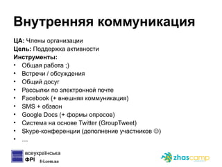 Внутренняя коммуникация ЦА:  Члены организации Цель:  Поддержка активности Инструменты: Общая работа ;) Встречи / обсуждения Общий досуг Рассылки по электронной почте Facebook (+  внешняя коммуникация ) SMS +  обзвон Google Docs  (+ формы опросов) Система на основе  Twitter (GroupTweet) Skype- конференции (дополнение участников   ) … 