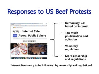 Agora: Public Sphere
Internet Cafe
• Democracy 2.0
based on internet
• Too much
politicization and
agitation
• Voluntary
regulation
• More censorship
and regulations
Internet Democracy to be influenced by censorship and regulations?
 