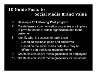 10 Guide Posts to
            Social Media Brand Value
 6.  Develop a 1st Listening Post program
 7.  Create/ensure communication processes are in place
     to provide feedback within organization and to the
     customer
 8. Identify what is success for each tactic
    • Based on business goals and objectives
    • Based on the social media outputs – may be
        different that traditional measurements
 9. Create flexible social media guidelines for employees
 10. Create flexible social media guidelines for customers
 