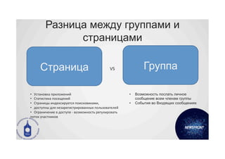 Разница между группами и
                  страницами

        Страница                                                VS	
                Группа

•  Установка	
  приложений	
                                               •    Возможность послать личное
•  Статистика	
  посещений	
                                                    сообщение всем членам группы
•  Страницы	
  индексируется	
  поисковиками,	
  	
                        •    События во Входящих сообщениях
•  доступны	
  для	
  незарегистрированных	
  пользователей	
  
•  Ограничение	
  в	
  доступе	
  -­‐	
  возможность	
  регулировать	
  
поток	
  участников	
  
 