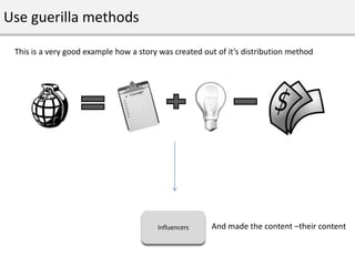 Use guerilla methods

 This is a very good example how a story was created out of it’s distribution method




           ...