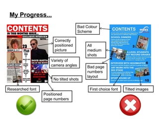 My Progress... Correctly positioned picture Variety of camera angles No tilted shots Positioned page numbers Bad Colour Scheme Tilted images First choice font Bad page numbers layout Researched font All medium shots 