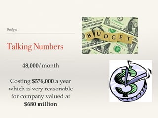 Budget 
Talking Numbers 
48,000/month 
Costing $576,000 a year 
which is very reasonable 
for company valued at 
$680 million 
 