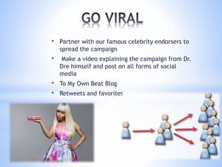 • Partner with our famous celebrity endorsers to
spread the campaign
• Make a video explaining the campaign from Dr.
Dre himself and post on all forms of social
media
• To My Own Beat Blog
• Retweets and favorites
 