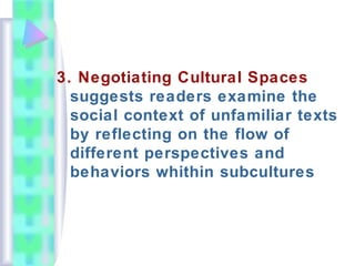 3. Negotiating Cultural Spaces
suggests readers examine the
social context of unfamiliar texts
by reflecting on the flow of
different perspectives and
behaviors whithin subcultures
 