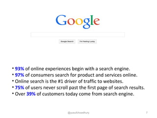 7
• 93% of online experiences begin with a search engine.
• 97% of consumers search for product and services online.
• Online search is the #1 driver of traffic to websites.
• 75% of users never scroll past the first page of search results.
• Over 39% of customers today come from search engine.
@yusufchowdhury
 