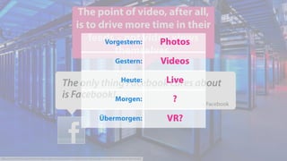 13
The only thing Facebook cares about
is Facebook!
– Facebook
https://www.facebook.com/facebook & http://redef.com/original/after-tv-videos-future-will-be-bigger-more-diverse-precarious-than-its-past
The point of video, after all,
is to drive more time in their
feeds – not video views
themselves.
Vorgestern: Photos
Gestern: Videos
Heute: Live
Morgen: ?
Übermorgen: VR?
 