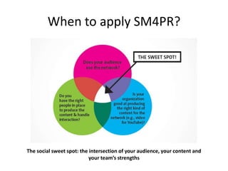 When to apply SM4PR?




The social sweet spot: the intersection of your audience, your content and
                           your team’s strengths
 