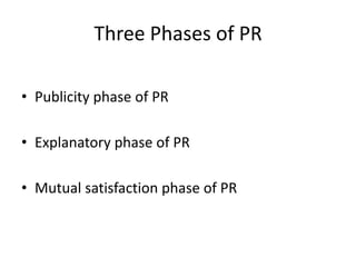 Three Phases of PR

• Publicity phase of PR

• Explanatory phase of PR

• Mutual satisfaction phase of PR
 