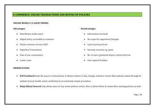 E-COMMERCE: ONLINE TRANSACTIONS AND BUYING OF POLICIES


ONLINE MODEL V/S AGENT MODEL

Advantages                                                              Disadvantages

     Distribution made easier                                                Information overload

     Digital policy accessible to customer                                   No scope for negotiation/bargain

     Online customer service 24X7                                            Lack of privacy/trust

     Paperless Transactions                                                  Security concerns e.g. spam

     Ease of use, convenience                                                No. of users (potential buyers online) still low

     Lower costs                                                             User expects freebies


OBSERVATIONS


     ICICI Lombard leads the way in e-transactions. It allows visitors to buy, change, extend or renew their policies online through its

      website (travel, health, motor and home) in an extremely simple procedure.

     Bajaj Allianz General only allows users to buy motor policies online. Also, it allows them to renew their existing policies as well.


                                                                                                                                  Page | 28
 