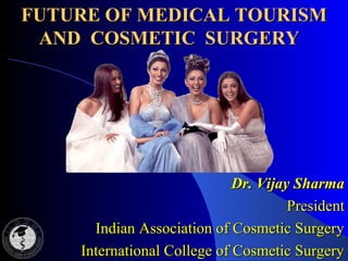 Dr. Vijay SharmaDr. Vijay Sharma
PresidentPresident
Indian Association of Cosmetic SurgeryIndian Association of Cosmetic Surgery
International College of Cosmetic SurgeryInternational College of Cosmetic Surgery
FUTURE OF MEDICAL TOURISMFUTURE OF MEDICAL TOURISM
AND COSMETIC SURGERYAND COSMETIC SURGERY
 