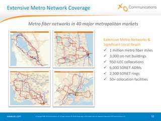 Why Businesses Choose XOAbout XOWe are the nation’s premier communications services provider focusedexclusively on businesses, government and enterprises, delivering industry-leadingIP and networking solutions with exceptionalcustomer serviceEstablished: 1996HQ: Herndon, VA2010 Revenue: $1.53 BillionEmployees: 4,000Business UnitsXO Business ServicesXO Carrier ServicesCustomers: 90,00050% of Fortune 500, including Abercrombie & Fitch, eBay, Morgan Stanley, United States Postal ServiceNetwork:19,000-mile Tier 1 nationwide network connecting more than 85 marketsHigh-performance IP and transport networksServices:Broad portfolio of IP communications, managed network and hosted IT services