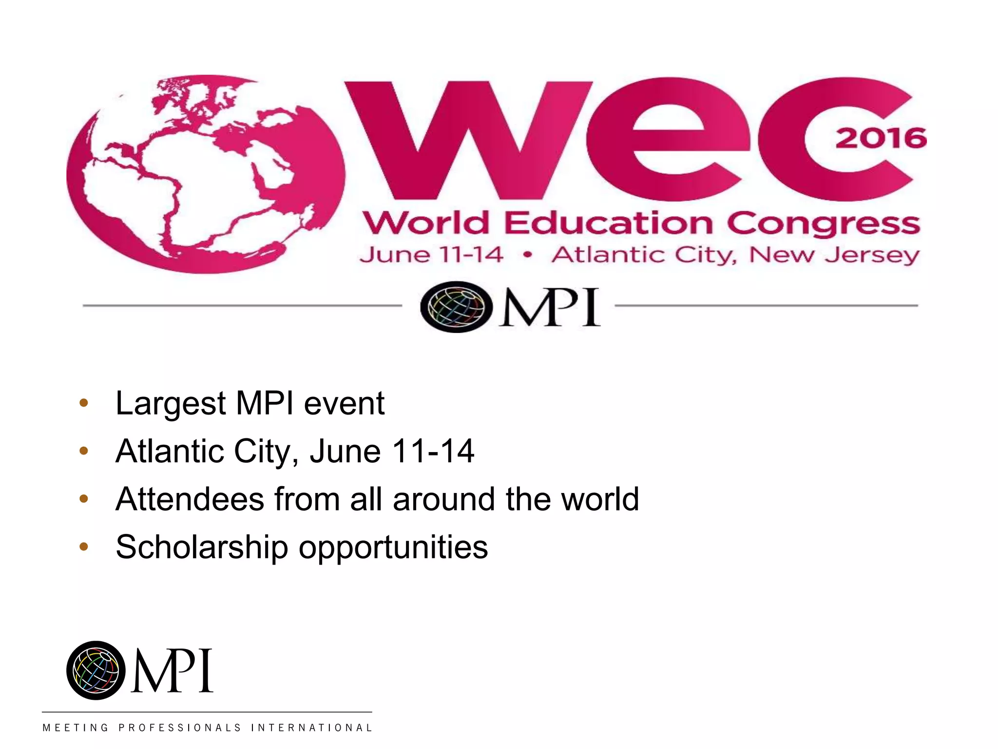 • Largest MPI event
• Atlantic City, June 11-14
• Attendees from all around the world
• Scholarship opportunities
 