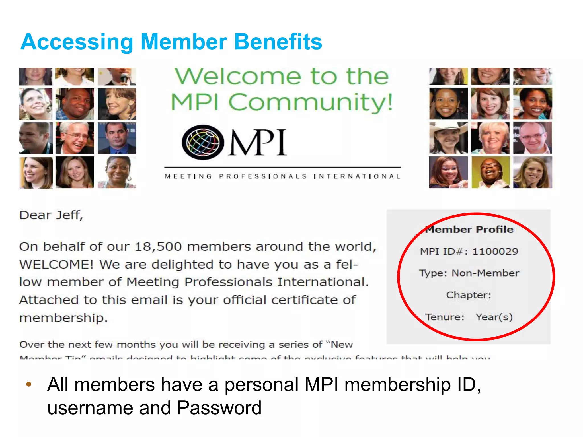Accessing Member Benefits
• All members have a personal MPI membership ID,
username and Password
 