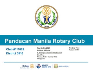 Pandacan Manila Rotary Club
Club #111609
District 3810
Founded in 2021
Meeting Address
E. Rodriguez Vocational Highschool,
Sta. Mesa
Manila, Metro Manila 1008
Philippines
Meeting Time
Tues 7:00 PM
 
