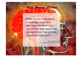 New Mental Models


What are the ideas about
knowledge, mind, and
learning that inform your
current thinking about how
you teach and how schools
should be organised?
                          Ref: Jane Gilbert (2005)
            Catching the Knowledge Wave - NZCER




                                                     2009 Derek Wenmoth
 