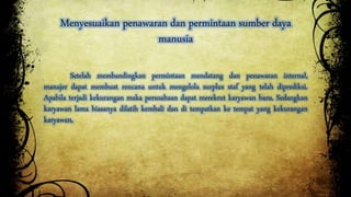 Menyesuaikan penawaran dan permintaan sumber daya 
manusia 
Setelah membandingkan permintaan mendatang dan penawaran internal, 
manajer dapat membuat rencana untuk mengelola surplus staf yang telah diprediksi. 
Apabila terjadi kekurangan maka perusahaan dapat merekrut karyawan baru. Sedangkan 
karyawan lama biasanya dilatih kembali dan di tempatkan ke tempat yang kekurangan 
karyawan. 
 