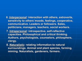 6. Interpersonal: interaction with others, extroverts,
 sensitivity to others´moods, feelings, cooperative,
 communicative. Leaders or followers. Sales,
 politicians, managers, teachers, social workers.
7. Intrapersonal: introspective, self-reflective
 capacities. Philosophical and critical thinking.
 Authors, psychologists, counselors, philosphers,
 clergy.
8. Naturalistic: relating information to natural
 surroundings. Animal and plant species, farming,
 miming. Naturalists, gardeners, farmers.
 