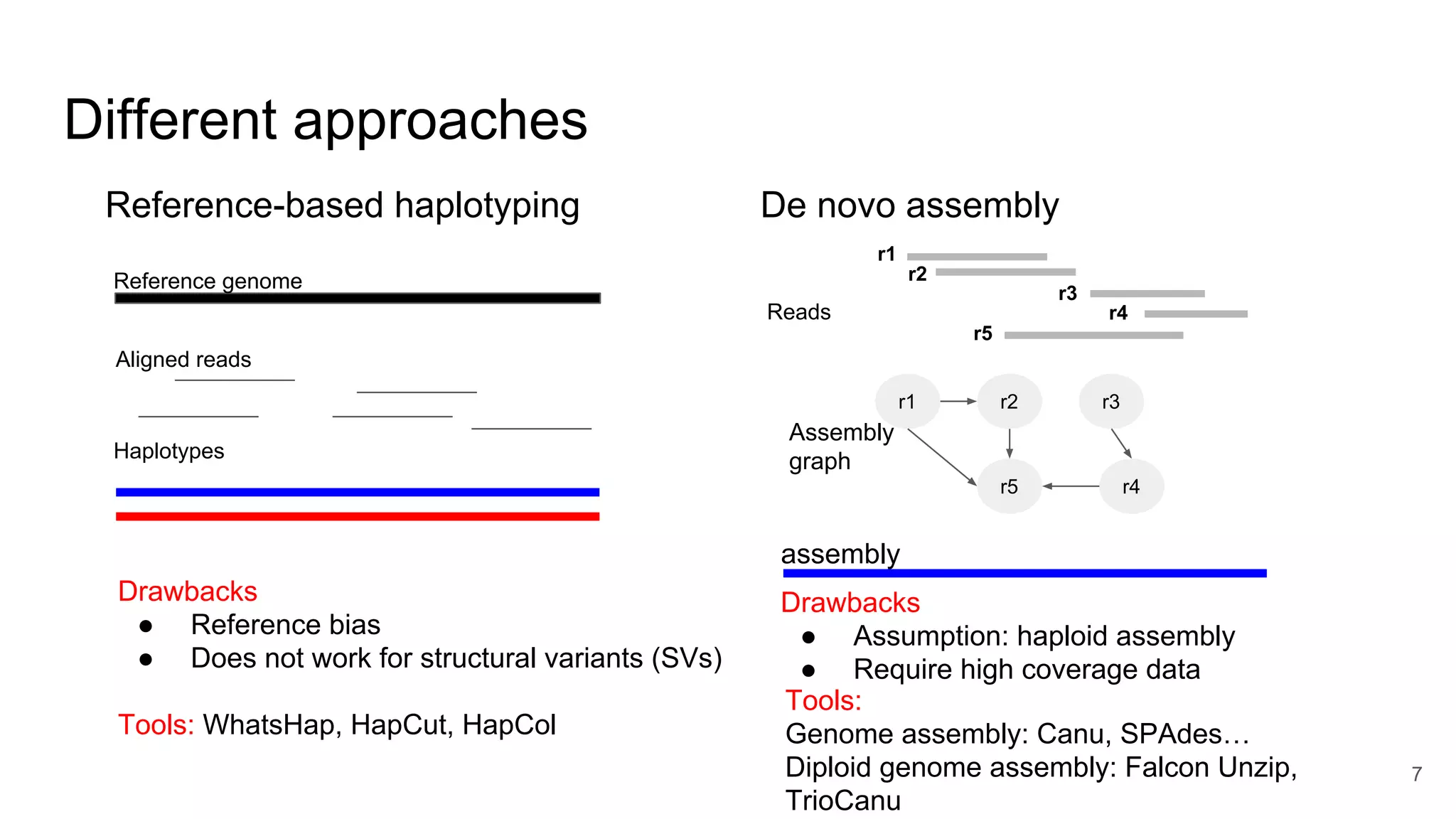 De novo assembly
Different approaches
Reference-based haplotyping
Reference genome
Aligned reads
Haplotypes
Drawbacks
● Reference bias
● Does not work for structural variants (SVs)
Drawbacks
● Assumption: haploid assembly
● Require high coverage data
r1
r2
r3
r4
r5
r1 r2 r3
r4r5
Assembly
graph
assembly
Reads
Tools: WhatsHap, HapCut, HapCol
Tools:
Genome assembly: Canu, SPAdes…
Diploid genome assembly: Falcon Unzip,
TrioCanu
7
 