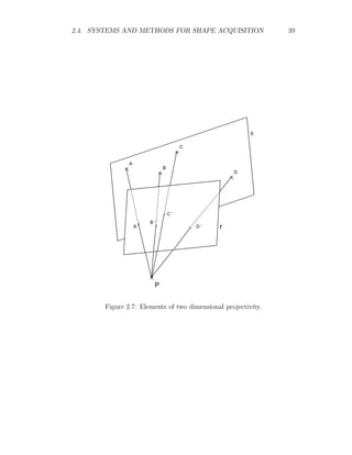 2.4. SYSTEMS AND METHODS FOR SHAPE ACQUISITION 39
P
A
B
C
D
D'
C'
B'
A'
S
r
Figure 2.7: Elements of two dimensional projectivity.
 