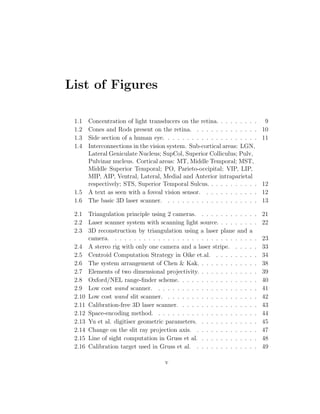 List of Figures
1.1 Concentration of light transducers on the retina. . . . . . . . . 9
1.2 Cones and Rods present on the retina. . . . . . . . . . . . . . 10
1.3 Side section of a human eye. . . . . . . . . . . . . . . . . . . . 11
1.4 Interconnections in the vision system. Sub-cortical areas: LGN,
Lateral Geniculate Nucleus; SupCol, Superior Colliculus; Pulv,
Pulvinar nucleus. Cortical areas: MT, Middle Temporal; MST,
Middle Superior Temporal; PO, Parieto-occipital; VIP, LIP,
MIP, AIP, Ventral, Lateral, Medial and Anterior intraparietal
respectively; STS, Superior Temporal Sulcus. . . . . . . . . . . 12
1.5 A text as seen with a foveal vision sensor. . . . . . . . . . . . 12
1.6 The basic 3D laser scanner. . . . . . . . . . . . . . . . . . . . 13
2.1 Triangulation principle using 2 cameras. . . . . . . . . . . . . 21
2.2 Laser scanner system with scanning light source. . . . . . . . . 22
2.3 3D reconstruction by triangulation using a laser plane and a
camera. . . . . . . . . . . . . . . . . . . . . . . . . . . . . . . 23
2.4 A stereo rig with only one camera and a laser stripe. . . . . . 33
2.5 Centroid Computation Strategy in Oike et.al. . . . . . . . . . 34
2.6 The system arrangement of Chen & Kak. . . . . . . . . . . . . 38
2.7 Elements of two dimensional projectivity. . . . . . . . . . . . . 39
2.8 Oxford/NEL range-finder scheme. . . . . . . . . . . . . . . . . 40
2.9 Low cost wand scanner. . . . . . . . . . . . . . . . . . . . . . 41
2.10 Low cost wand slit scanner. . . . . . . . . . . . . . . . . . . . 42
2.11 Calibration-free 3D laser scanner. . . . . . . . . . . . . . . . . 43
2.12 Space-encoding method. . . . . . . . . . . . . . . . . . . . . . 44
2.13 Yu et al. digitiser geometric parameters. . . . . . . . . . . . . 45
2.14 Change on the slit ray projection axis. . . . . . . . . . . . . . 47
2.15 Line of sight computation in Gruss et al. . . . . . . . . . . . . 48
2.16 Calibration target used in Gruss et al. . . . . . . . . . . . . . 49
v
 