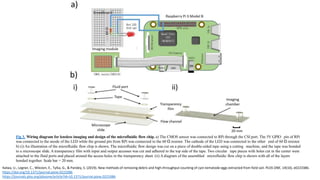 Fig 3. Wiring diagram for lensless imaging and design of the microfluidic flow chip. a) The CMOS sensor was connected to RPi through the CSI port. The 5V GPIO pin of RPi
was connected to the anode of the LED while the ground pin from RPi was connected to the 60 Ω resistor. The cathode of the LED was connected to the other end of 60 Ω resistor.
b) (i) An illustration of the microfluidic flow chip is shown. The microfluidic flow design was cut on a piece of double-sided tape using a cutting machine, and the tape was bonded
to a microscope slide. A transparency film with input and output accesses was cut and adhered to the top side of the tape. Two circular tape pieces with holes cut in the center were
attached to the fluid ports and placed around the access holes in the transparency sheet. (ii) A diagram of the assembled microfluidic flow chip is shown with all of the layers
bonded together. Scale bar = 20 mm.
Kalwa, U., Legner, C., Wlezien, E., Tylka, G., & Pandey, S. (2019). New methods of removing debris and high-throughput counting of cyst nematode eggs extracted from field soil. PLOS ONE, 14(10), e0223386.
https://doi.org/10.1371/journal.pone.0223386
https://journals.plos.org/plosone/article?id=10.1371/journal.pone.0223386
 