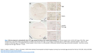 Fig 6. Software program to automatically detect SCN eggs among the debris in the scanner-based method. The software program starts with the full image of the filter paper
and partitions it into patch images and sub-patches to identify and count the SCN eggs. a) An example of identifying eggs in a debris-laden, uncleaned sample is shown. b) An
example of identifying eggs in an OptiPrep™ cleaned sample is shown where it is even possible to differentiate between stained eggs and juvenile nematodes which have recently
emerged from the eggs. Scale bar = 15 mm.
Kalwa, U., Legner, C., Wlezien, E., Tylka, G., & Pandey, S. (2019). New methods of removing debris and high-throughput counting of cyst nematode eggs extracted from field soil. PLOS ONE, 14(10), e0223386.
https://doi.org/10.1371/journal.pone.0223386
https://journals.plos.org/plosone/article?id=10.1371/journal.pone.0223386
 