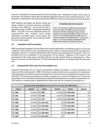 Lovelace Respiratm·y Resem·ch Institute
Land use is anticipated to remain industrial for the foreseeable future. Institutional controls, such as land use
restrictions, will continue to ensure that the industrial designation remains for the contaminated portion. Since
the facility is on Kirtland Air Force Base and leased by DOE, any construction must be approved by both parties.
DOE maintains and updates the specific records and
reports required to document long-term stewardship
activities at the LRRI site. Site records are kept in
permanent storage at DOE's Albuquerque Operations
Office. The types of records maintained include site
characterization data, remedial action design
information, assessment reports, closure reports, and
groundwater monitoring data. The records are available
for review upon request.
2.2 Assumptions and Uncertainties
STAKEHOWER INVOLVEMENT
Due to the remoteness, small size and minimal risk
levels associated with LRRI, there has been little
interaction with the community at large related to
cleanup or long-term stewardship activities at the site.
However, the southern boundary of LRRI abuts the
northern boundary of the Isleta Pueblo. Consequently,
there is a very close working relationship between
LRRI and the officials from the Isleta Pueblo.
DOE assumes that its regulator, the New Mexico Environment Department, will ultimately approve closeout and
completion ofall workdone to date, including the proposal to address contaminated groundwater through natural
attenuation. However, it cannot be determined at this time how long monitoring will be required. There is a
possibility that active remediation of the groundwater will be required. Depiction of the location of the
groundwater for the sewage lagoon and diesel spill sites are only estimates based on monitoring data. These
plume locations have not been delineated. The data indicate that the plumes are contained within the monitoring
area.
2.3 Estimated Site-Wide Long-Term Stewardship Costs
Long-term stewardship costs are related to groundwater sampling and analysis, as well as maintenance and
extension of the monitoring wells. DOE will continue to monitor groundwater on a quarterly or bi-annual basis
until contaminant concentrations are below cleanup levels. These activities are anticipated to be required at least
until2010. The long-term stewardship costs exclude contingency costs, such as well replacement. No long-term
stewardship costs are attributed to maintaining the industrial land designation for residually contaminated soils.
This function is considered part of maintaining the facility itself and not a long-term stewardship cost.
.· ) ... · .. Site..Li)ng-TerlltStewartlship Cos.tby Fiscal Year (Constant Year 2.000 Dollars) ..
..
Yl!ar(N)··. A111Qunt tear(s) Amount Year(s) Amount.·
..
FY 2000 $140,000 FY 2008 $140,000 FY 2036-2040 $0
FY2001 $140,000 FY2009 $140,000 FY 2041-2045 $0
FY2002 $140,000 FY2010 $140,000 FY 2046-2050 $0
FY 2003 $140,000 FY 2011-2015 $0 FY 2051-2055 $0
FY 2004 $140,000 FY 2016-2020 $0 FY 2056-2060 $0
FY 2005 $140,000 FY 2021-2025 $0 FY 2061-2065 $0
FY 2006 $140,000 FY 2026-2030 $0 FY 2066-2070 $0
FY 2007 $140,000 FY 2031-2035 $0
New Mexico 43
 