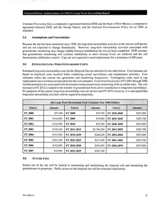 National Defense Authorization Act (NDAA) Long-Term Stewardship Report
Uranium Processing Sites; a cooperative agreement between DOE and the State of New Mexico; a cooperative
agreement between DOE and the Navajo Nation; and the National Environmental Policy Act of 1969, as
amended.
2.4 Assumptions and Uncertainties
Because the site has been monitored since 1996, the long-term stewardship activities at the site are well known
and are not expected to change dramatically. However, long-term stewardship activities associated with
groundwater monitoring may change slightly because remediation has not yet been completed. DOE assumes
that groundwater monitoring will continue indefinitely or until cleanup levels are achieved and the cell
demonstrates infiltration control. Caps are not expected to need replacement for a minimum of 200 years.
3.0 ESTIMATED LONG·TERM STEWARDSHIP COSTS
Estimated long-term stewardship costs for the Shiprock Site are identified in the table below. Cost estimates are
based on historical costs incurred while conducting actual surveillance and maintenance activities. Cost
estimates reflect the current site agreements and monitoring frequencies. Contingency costs, such as cap
replacement, have not been incorporated into the cost estimates. Costs from fiscal years (FY) 2001 through 2006
include prorated costs associated with decommissioning unnecessary monitoring wells at similar sites. The cost
increase in FY 2012 is related to the transfer of groundwater from active remediation to long-term surveillance.
For purposes of this report, long-term stewardship costs are shown until FY 2070; however, it is anticipated that
long-term stewardship activities will be required in perpetuity.
' Site Long-TimnStewardship Costs(Constant Year 2000 Dollars) ·' ...;• ..> .:.· .. i
:··
•• •••••••. Year(s) Amount Year(s) . Amount Year(s) .; >Amount:
FY 2000 $57,400 FY 2008 $39,700 FY 2036-2040 $297,000
FY 2001 $144,000 FY 2009 $39,600 FY 2041-2045 $295,700
FY 2002 $152,500 FY 2010 $39,700 FY 2046-2050 $297,000
FY 2003 $136,100 FY 2011-2015 $2,786,200 FY 2051-2055 $295,700
FY 2004 $153,500 FY 2016-2020 $268,200 FY 2056-2060 $297,000
FY 2005 $101,100 FY 2021-2025 $273,400 FY 2061-2065 $295,700
FY 2006 $102,800 FY 2026-2030 $294,900 FY 2066-2070 $297,000
FY2007 $39,900 FY 2031-2035 $295,700
4.0 FUTURE USES
Future use of the site will be limited to monitoring and maintaining the disposal cell and monitoring the
groundwater in perpetuity. Public access to the disposal site will be restricted indefinitely.
New Mexico 72
 