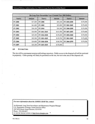 National Defense Authorization Act (NDAA) Long-Term Ste" ardship Report
FY 2000 $17,400 FY2008 $35,100 FY 2036-2040 $170,500
FY2001 $41,600 FY 2009 $35,000 FY 2041-2045 $170,400
FY2002 $36,100 FY 2010 $34,300 FY 2046-2050 $170,500
FY 2003 $34,900 FY 2011-2015 $163,500 FY 2051-2055 $170,400
FY 2004 $35,300 FY 2016-2020 $159,200 FY 2056-2060 $170,500
FY2005 $35,500 FY 2021-2025 $159,700 FY 2061-2065 $170,400
FY 2006 $34,800 FY 2026-2030 $168,700 FY 2066-2070 $170,500
FY 2007 $35,300 FY 2031-2035 $170,400
4.0 FUTURE USES
The site will be a permanent uranium mill tailings repository. Public access to the disposal cell will be restricted
in perpetuity. Cattle grazing will likely be permitted on the site, but not in the area of the disposal cell.
For more informati?n about the (SOHIO) LBAR Site, contact:
Art Kleinrath, Long-Term Surveillance and Maintenance Program Manager
U.S. Department of Energy, Grand Junction Office
2597 B3/4 Road, Grand Junction, CO 81503
Phone: 970-248-6037
or visit the Internet website at http://www.doegjpo.com '
New Mexico 78
 