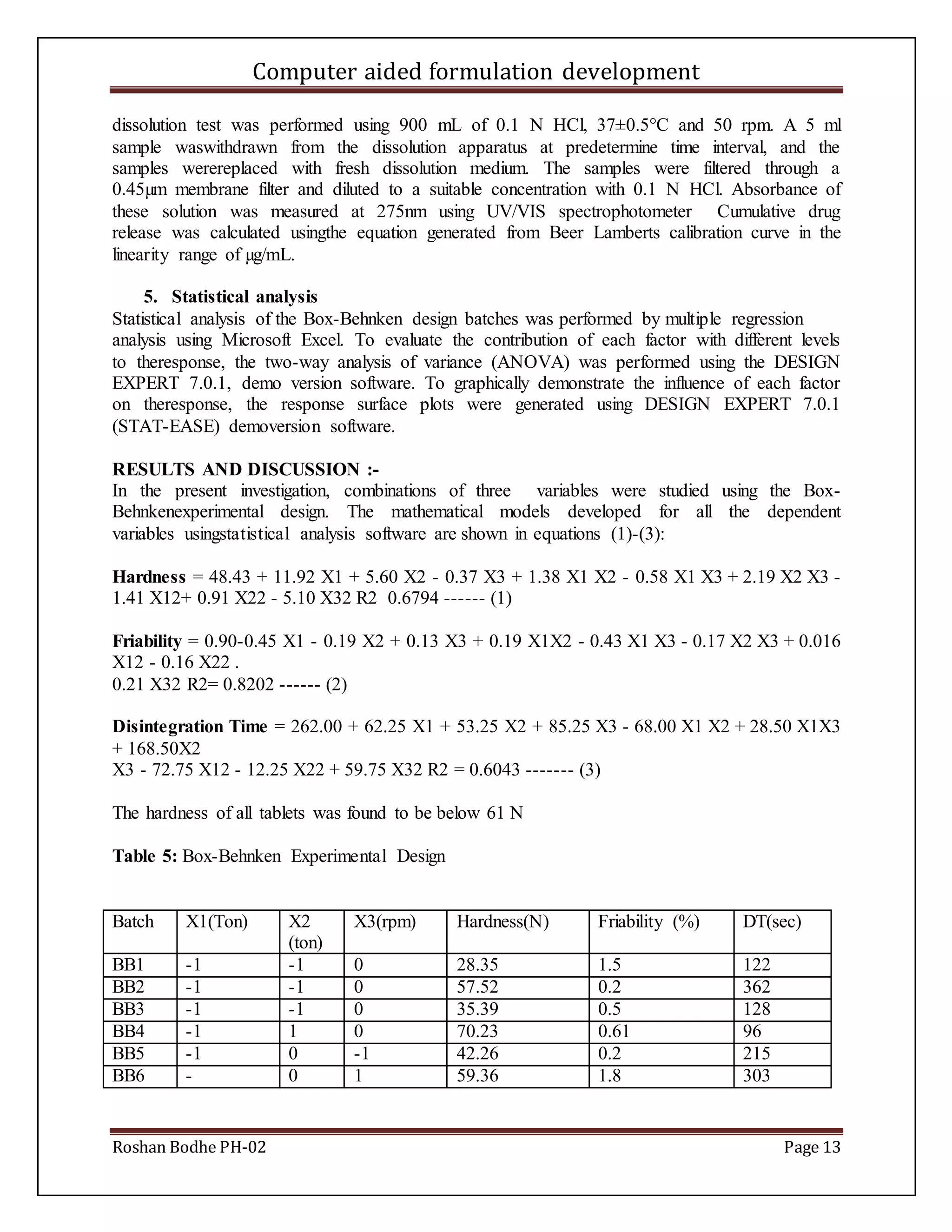 Computer aided formulation development
Roshan Bodhe PH-02 Page 13
dissolution test was performed using 900 mL of 0.1 N HCl, 37±0.5°C and 50 rpm. A 5 ml
sample waswithdrawn from the dissolution apparatus at predetermine time interval, and the
samples werereplaced with fresh dissolution medium. The samples were filtered through a
0.45µm membrane filter and diluted to a suitable concentration with 0.1 N HCl. Absorbance of
these solution was measured at 275nm using UV/VIS spectrophotometer Cumulative drug
release was calculated usingthe equation generated from Beer Lamberts calibration curve in the
linearity range of µg/mL.
5. Statistical analysis
Statistical analysis of the Box-Behnken design batches was performed by multiple regression
analysis using Microsoft Excel. To evaluate the contribution of each factor with different levels
to theresponse, the two-way analysis of variance (ANOVA) was performed using the DESIGN
EXPERT 7.0.1, demo version software. To graphically demonstrate the influence of each factor
on theresponse, the response surface plots were generated using DESIGN EXPERT 7.0.1
(STAT-EASE) demoversion software.
RESULTS AND DISCUSSION :-
In the present investigation, combinations of three variables were studied using the Box-
Behnkenexperimental design. The mathematical models developed for all the dependent
variables usingstatistical analysis software are shown in equations (1)-(3):
Hardness = 48.43 + 11.92 X1 + 5.60 X2 - 0.37 X3 + 1.38 X1 X2 - 0.58 X1 X3 + 2.19 X2 X3 -
1.41 X12+ 0.91 X22 - 5.10 X32 R2 0.6794 ------ (1)
Friability = 0.90-0.45 X1 - 0.19 X2 + 0.13 X3 + 0.19 X1X2 - 0.43 X1 X3 - 0.17 X2 X3 + 0.016
X12 - 0.16 X22 .
0.21 X32 R2= 0.8202 ------ (2)
Disintegration Time = 262.00 + 62.25 X1 + 53.25 X2 + 85.25 X3 - 68.00 X1 X2 + 28.50 X1X3
+ 168.50X2
X3 - 72.75 X12 - 12.25 X22 + 59.75 X32 R2 = 0.6043 ------- (3)
The hardness of all tablets was found to be below 61 N
Table 5: Box-Behnken Experimental Design
Batch X1(Ton) X2
(ton)
X3(rpm) Hardness(N) Friability (%) DT(sec)
BB1 -1 -1 0 28.35 1.5 122
BB2 -1 -1 0 57.52 0.2 362
BB3 -1 -1 0 35.39 0.5 128
BB4 -1 1 0 70.23 0.61 96
BB5 -1 0 -1 42.26 0.2 215
BB6 - 0 1 59.36 1.8 303
 