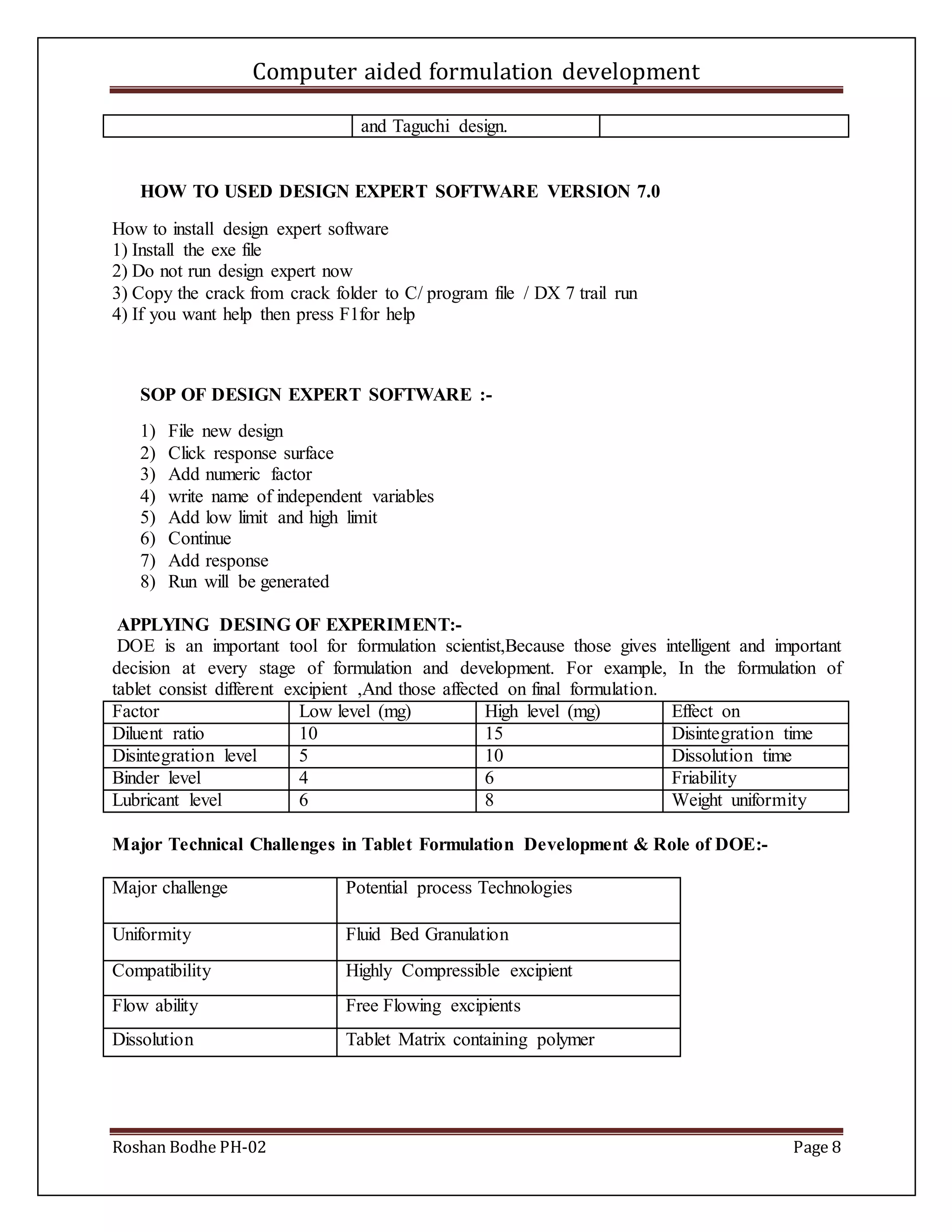 Computer aided formulation development
Roshan Bodhe PH-02 Page 8
HOW TO USED DESIGN EXPERT SOFTWARE VERSION 7.0
How to install design expert software
1) Install the exe file
2) Do not run design expert now
3) Copy the crack from crack folder to C/ program file / DX 7 trail run
4) If you want help then press F1for help
SOP OF DESIGN EXPERT SOFTWARE :-
1) File new design
2) Click response surface
3) Add numeric factor
4) write name of independent variables
5) Add low limit and high limit
6) Continue
7) Add response
8) Run will be generated
APPLYING DESING OF EXPERIMENT:-
DOE is an important tool for formulation scientist,Because those gives intelligent and important
decision at every stage of formulation and development. For example, In the formulation of
tablet consist different excipient ,And those affected on final formulation.
Factor Low level (mg) High level (mg) Effect on
Diluent ratio 10 15 Disintegration time
Disintegration level 5 10 Dissolution time
Binder level 4 6 Friability
Lubricant level 6 8 Weight uniformity
Major Technical Challenges in Tablet Formulation Development & Role of DOE:-
Major challenge Potential process Technologies
Uniformity Fluid Bed Granulation
Compatibility Highly Compressible excipient
Flow ability Free Flowing excipients
Dissolution Tablet Matrix containing polymer
and Taguchi design.
 