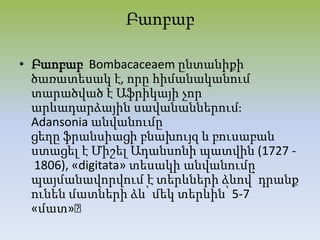 Բաոբաբ
• Բաոբաբ Bombacaceaem ընտանիքի
ծառատեսակ է, որը հիմանականում
տարածված է Աֆրիկայի չոր
արևադարձային սավանաններումֈ
Adansonia անվանումը
ցեղը ֆրանսիացի բնախույզ և բուսաբան
ստացել է Միշել Ադանսոնի պատվին (1727 -
1806), «digitata» տեսակի անվանումը
պայմանավորվում է տերևների ձևով՝ դրանք
ունեն մատների ձև՝ մեկ տերևին՝ 5-7
«մատ»։
 