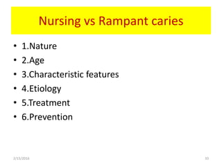 Nursing vs Rampant caries
• 1.Nature
• 2.Age
• 3.Characteristic features
• 4.Etiology
• 5.Treatment
• 6.Prevention
2/15/2016 33
 