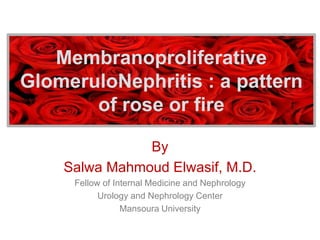 Membranoproliferative
GlomeruloNephritis : a pattern
of rose or fire
By
Salwa Mahmoud Elwasif, M.D.
Fellow of Internal Medicine and Nephrology
Urology and Nephrology Center
Mansoura University
 