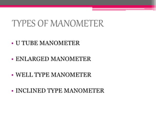TYPES OF MANOMETER
• U TUBE MANOMETER
• ENLARGED MANOMETER
• WELL TYPE MANOMETER
• INCLINED TYPE MANOMETER
 