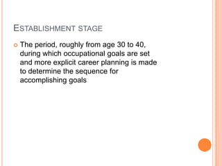 Establishment stageThe period, roughly from age 30 to 40,during which occupational goals are setand more explicit career planning is madeto determine the sequence foraccomplishing goals