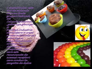 1 GustulDulce –estedat de molecule care au toategruparihidroxil,-OH (alcool):glicerina ,zaharoza,glucozasifructoza.Industriaalimentara a creataromeartificiale ca zaharozasiaspartamul.Acesticompusi au structuramaicomplicata ,dar care esterecunoscuta de aceeasireceptori care conduc la senzatia de dulce.